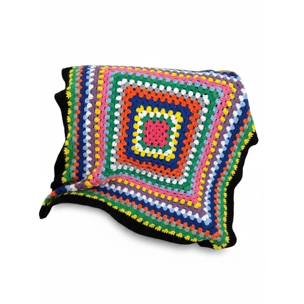 Handmade Crochet Granny Square Blanket Multicolor Throw Afghan 40x38 Boho